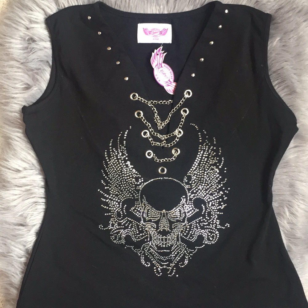 NWT Embellished Skull and chain biker top
